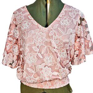 Woman's My collection floral sheer whimsy boho romantic smocked waist top size L